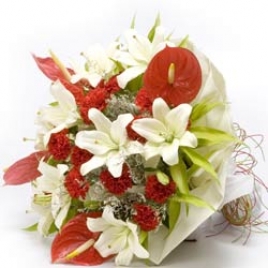 Bunch Of Red Carnations, White Lilies And Anthurium